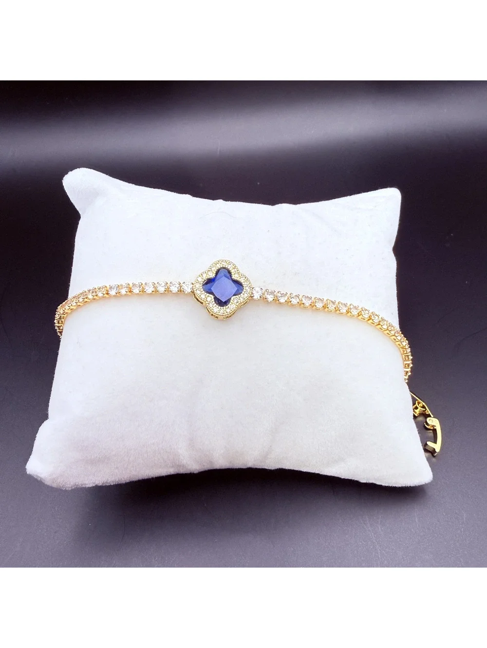 candy+clover navy blue clover crystal gold tone tennis bracelet